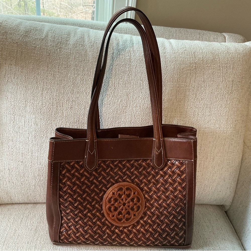 Brighton Brown Woven Leather Tote with Medallion Detail